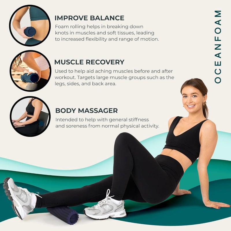 Oceanfoam Ripple Travel Foam Roller (11" x 3.35") Firm Mini Foam Roller for Physical Therapy, Deep Tissue Massage, Back Pain, High Density, Ergonomic Wave Textured, Yoga, Pilates, Exercise (Dark Navy) - Image 5